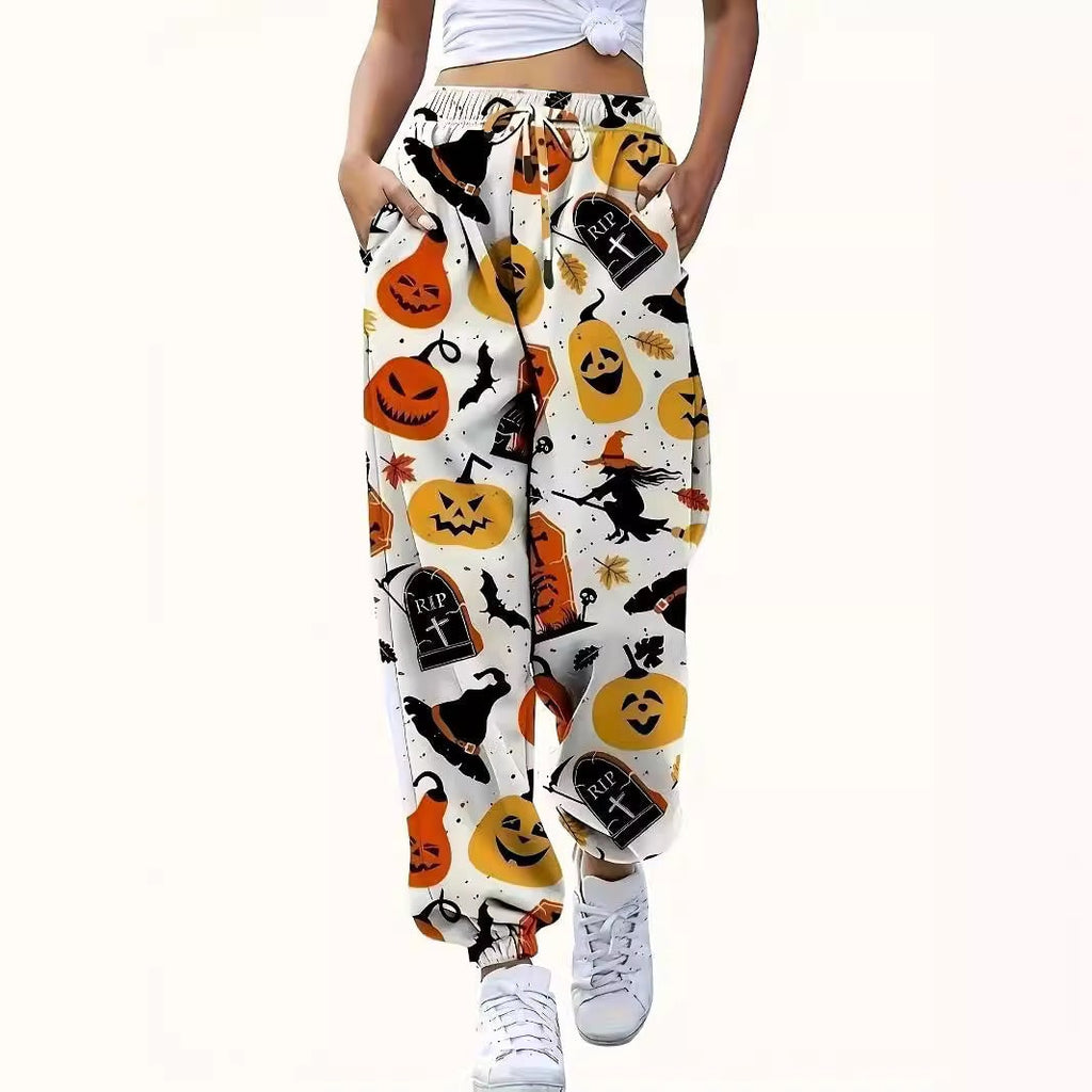 Women's Halloween Sweatpants Joggers with Pumpkin Witch and Tombstone Print Drawstring Waist - Image 1