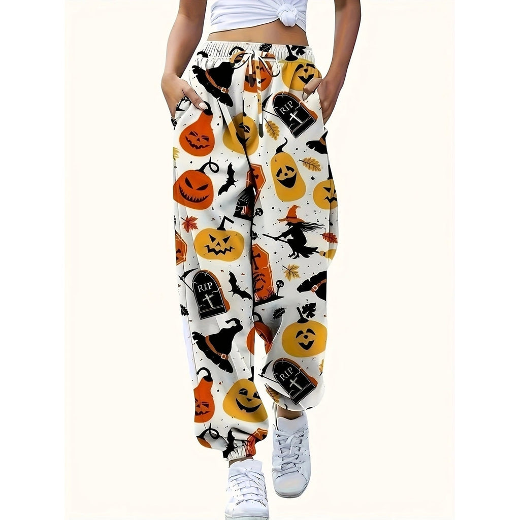 Women's Halloween Sweatpants Joggers with Pumpkin Witch and Tombstone Print Drawstring Waist - Image 6