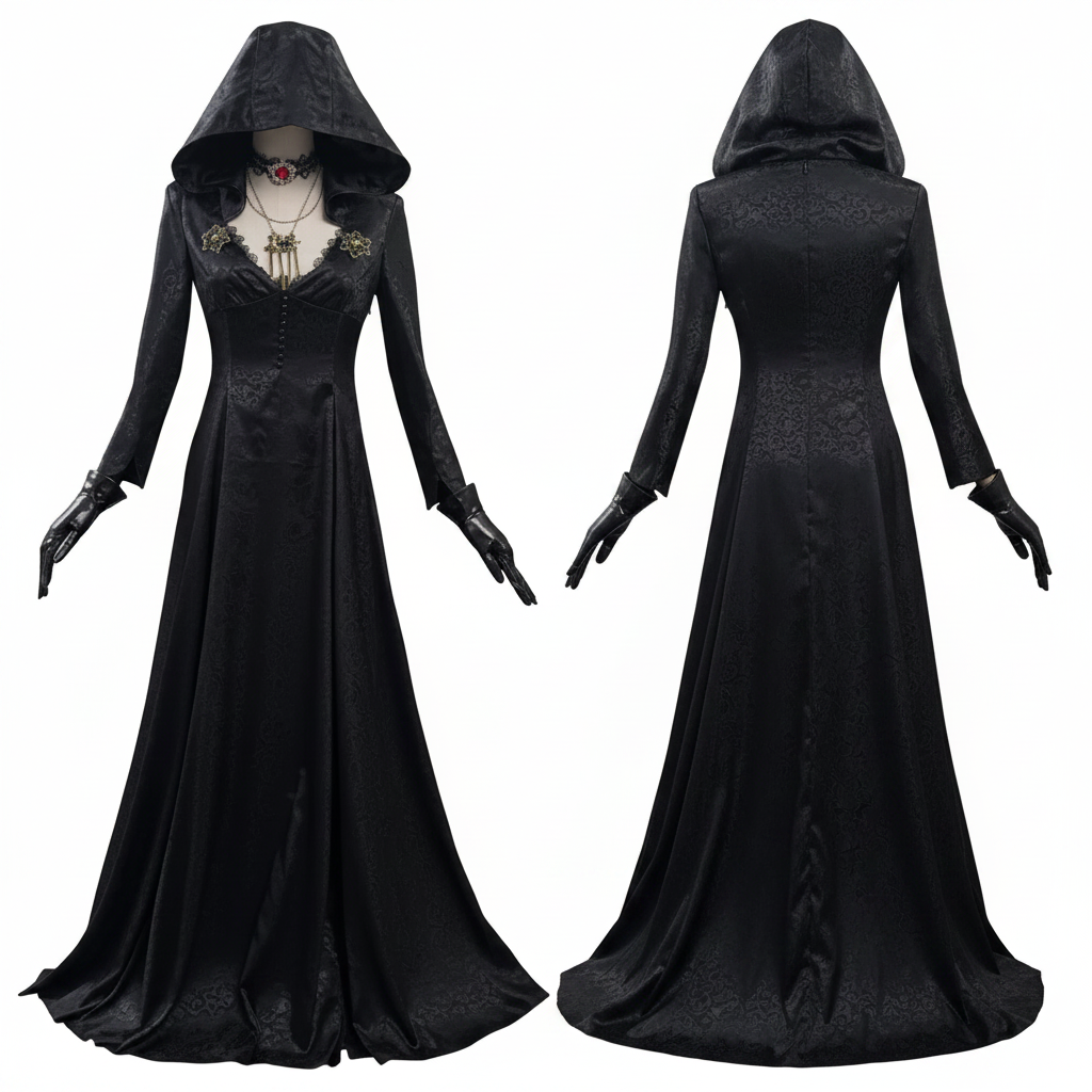 Women's Halloween Vampire Costume with Long Black Gothic Dress Hood - Image 2