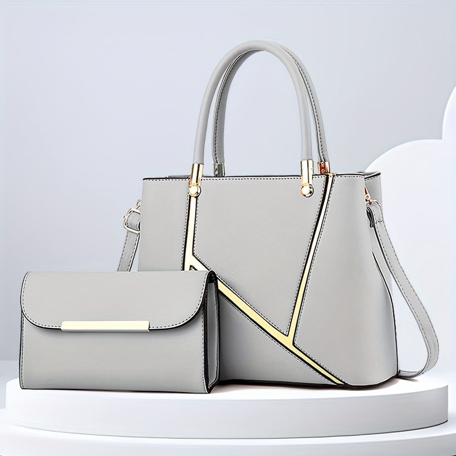 Women's Handbag Set with Gold-Tone Tote and Crossbody Faux Leather 2-Piece - Image 11