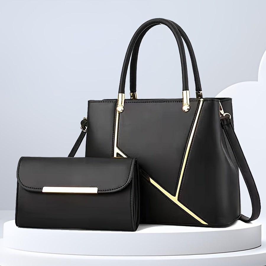 Women's Handbag Set with Gold-Tone Tote and Crossbody Faux Leather 2-Piece - Image 4