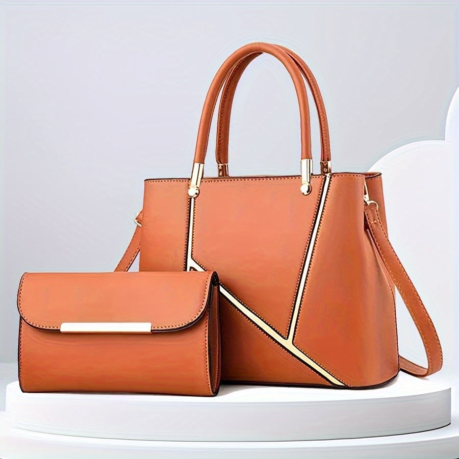 Women's Handbag Set with Gold-Tone Tote and Crossbody Faux Leather 2-Piece - Image 6