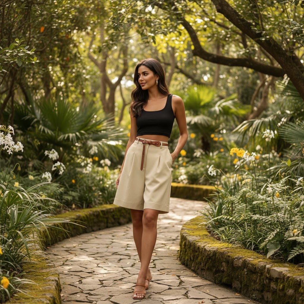 Women's High Waisted Bermuda Shorts with Pleated Front and Wide Leg - Image 1