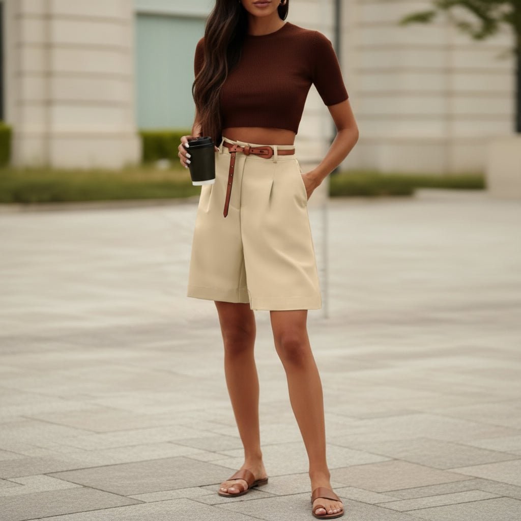 Women's High Waisted Bermuda Shorts with Pleated Front and Wide Leg - Image 2