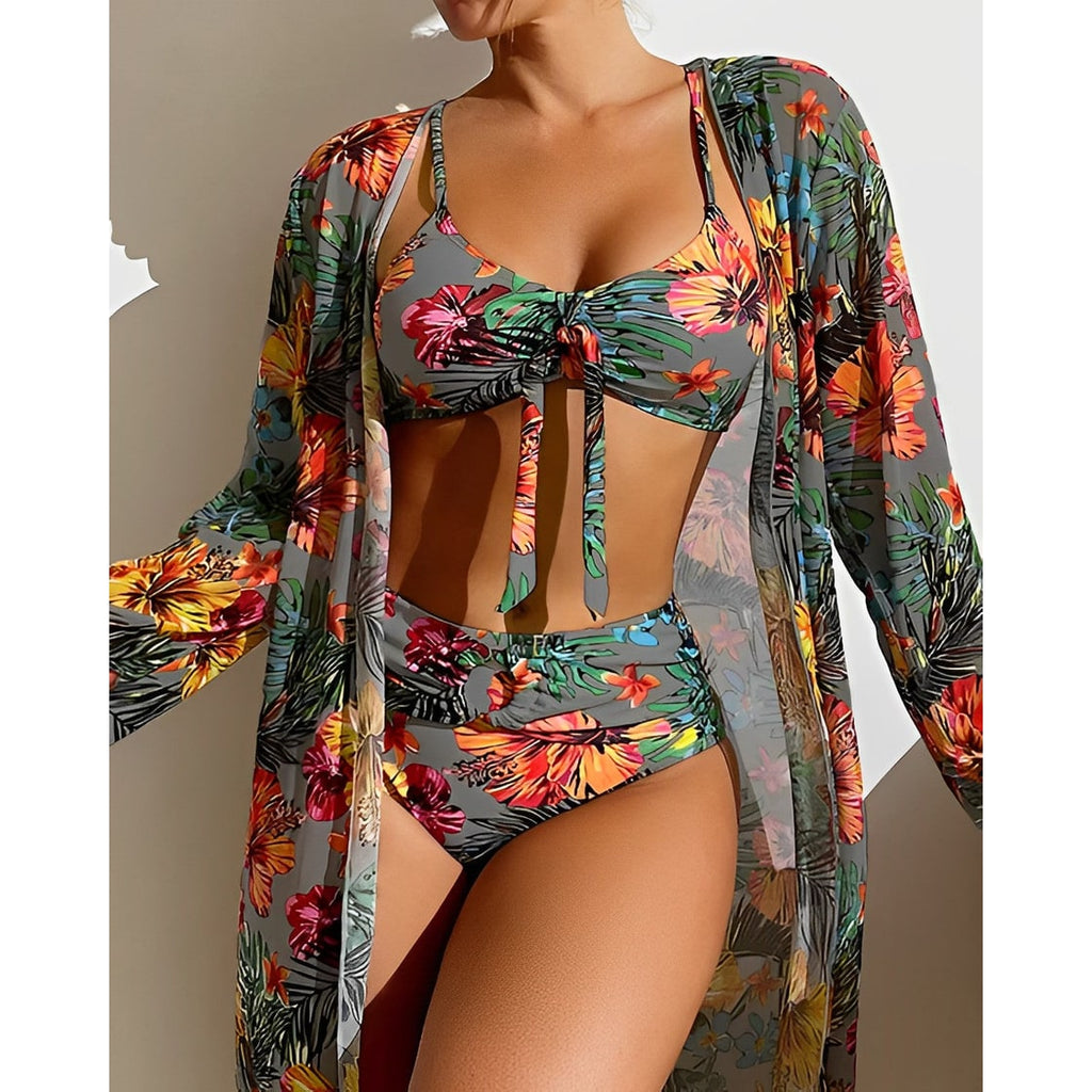 Women's High Waisted Bikini Bottoms 3 Piece Swimsuit | Tie Front Top with Kimono - Image 4