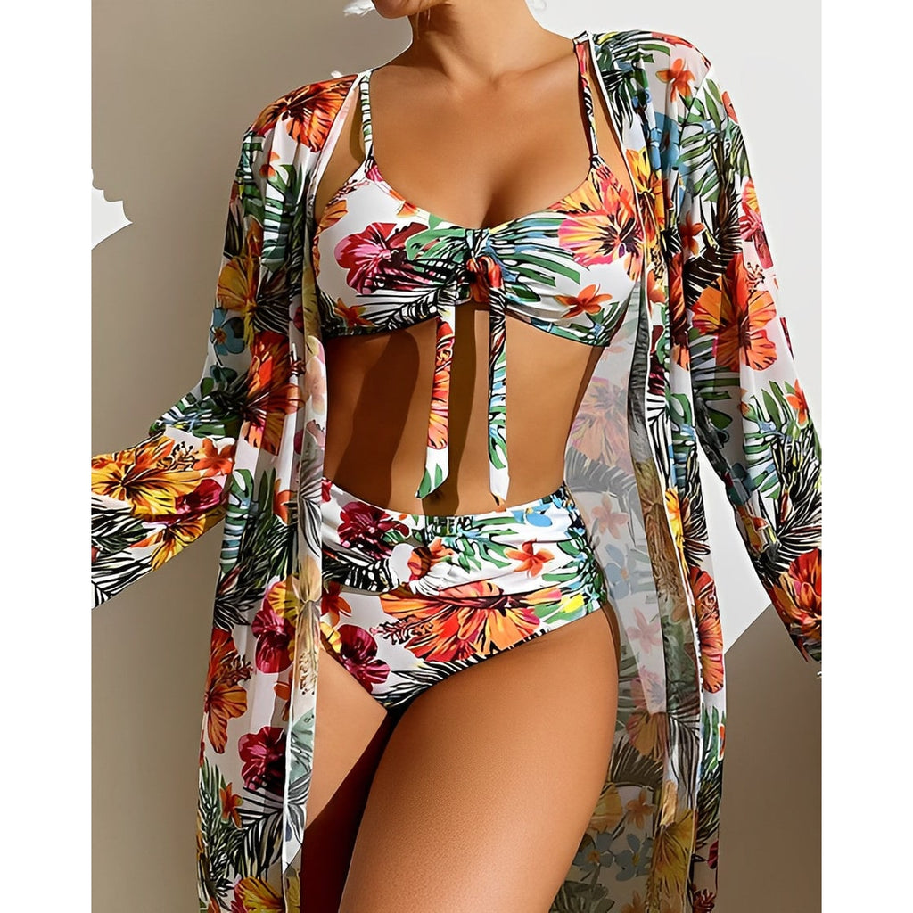 Women's High Waisted Bikini Bottoms 3 Piece Swimsuit | Tie Front Top with Kimono - Image 5