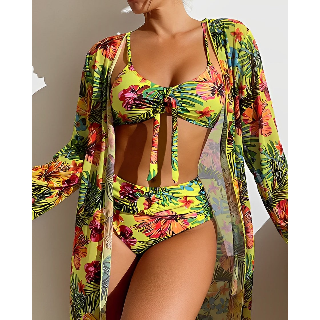 Women's High Waisted Bikini Bottoms 3 Piece Swimsuit | Tie Front Top with Kimono - Image 6