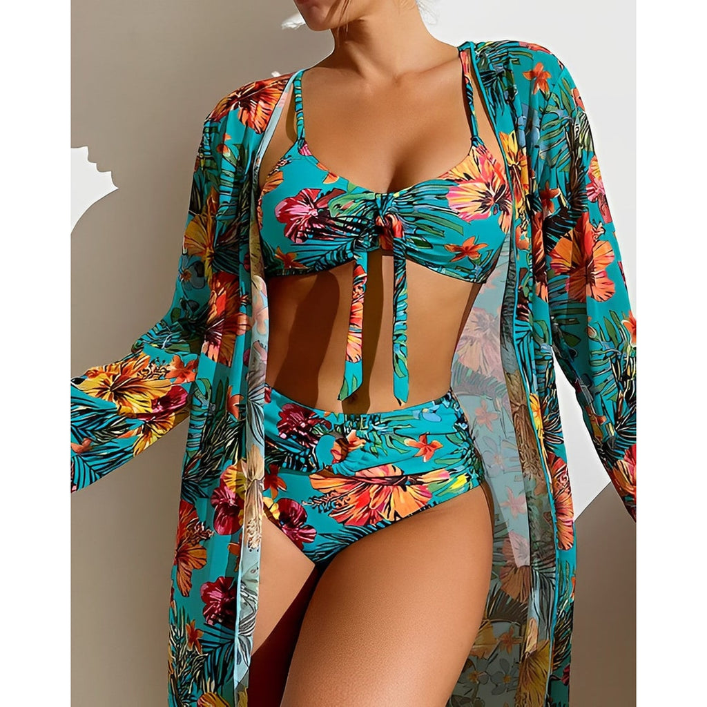 Women's High Waisted Bikini Bottoms 3 Piece Swimsuit | Tie Front Top with Kimono - Image 7