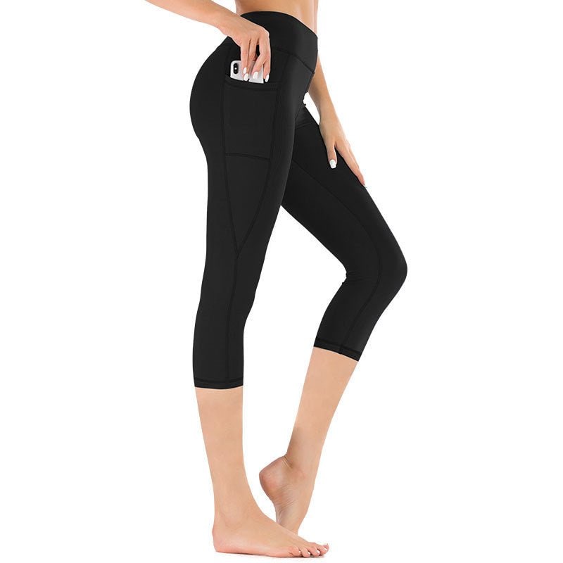 Women's High Waisted Capri Leggings with Side Pockets and Flatlock Seams - Image 1