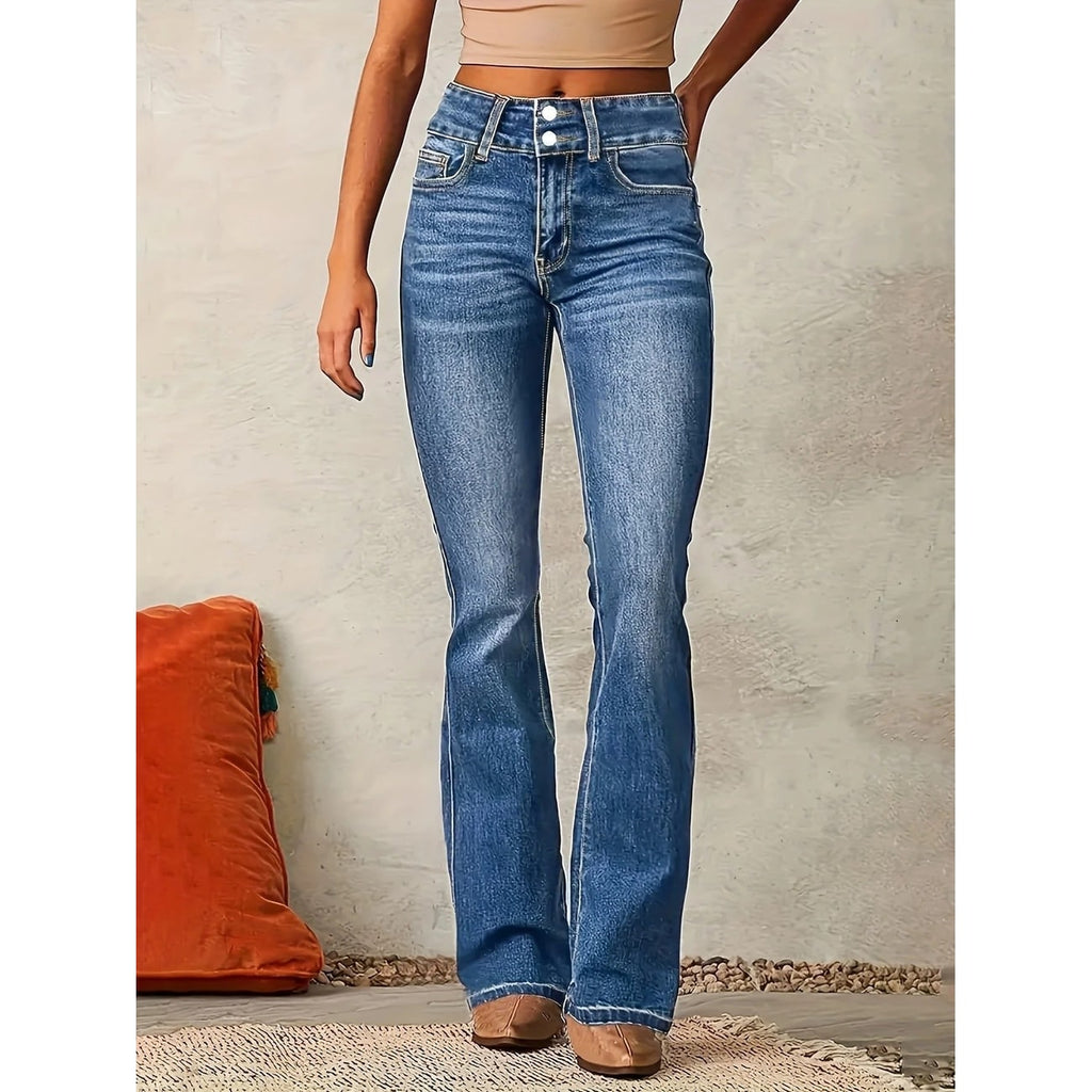 Women's High Waisted Flare Jeans with Double Button and Rise - Image 1