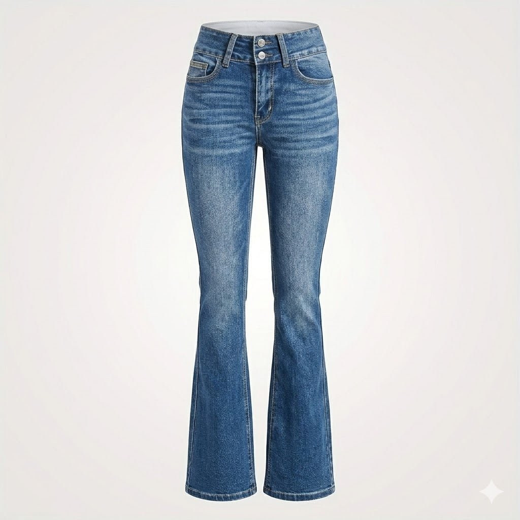 Women's High Waisted Flare Jeans with Double Button and Rise - Image 3