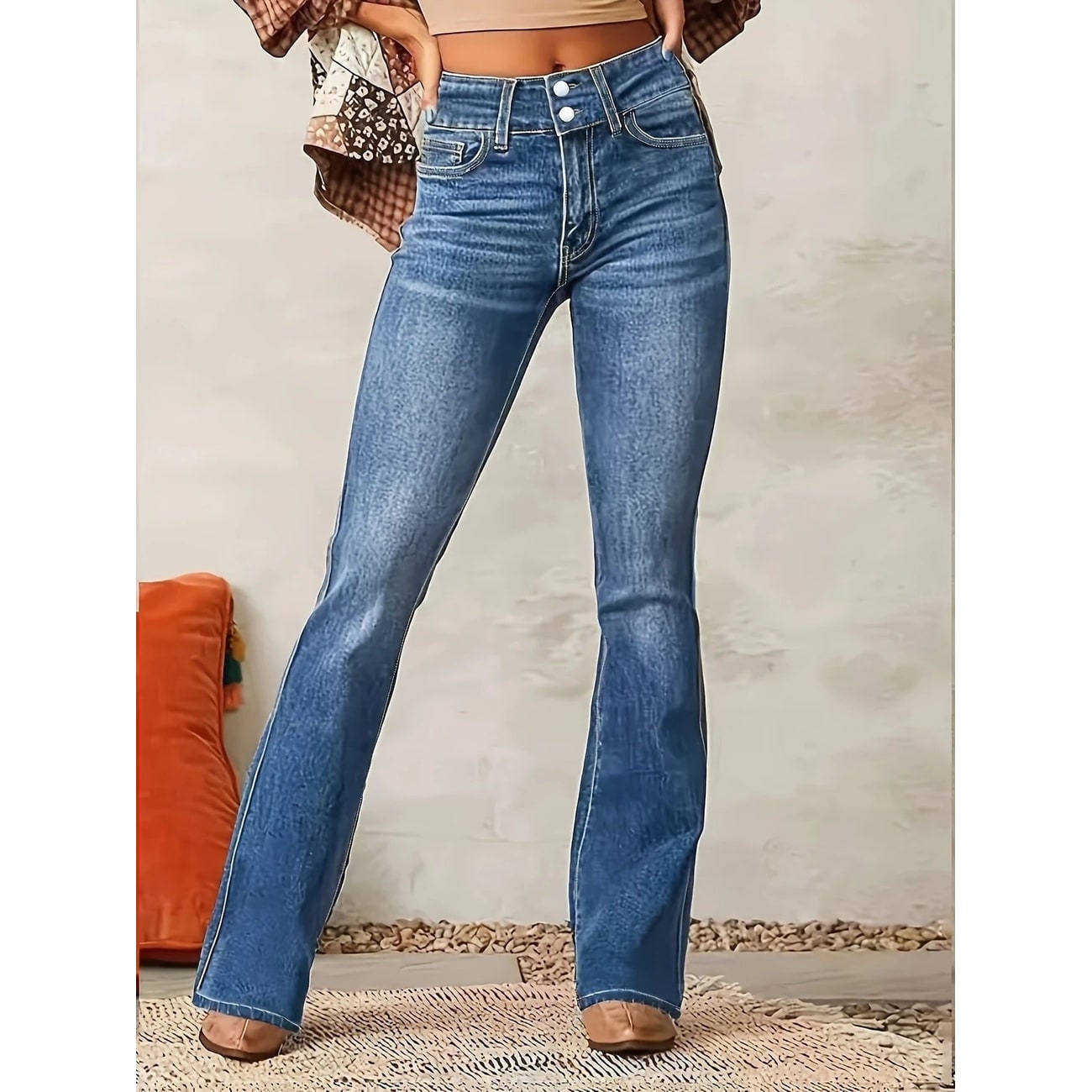 Women's High Waisted Flare Jeans with Double Button and Rise - Image 4