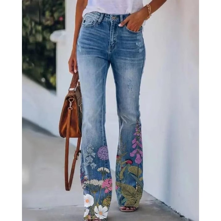 Women's High-Waisted Floral Flare Bell Bottom Jeans with Botanical Print - Image 1