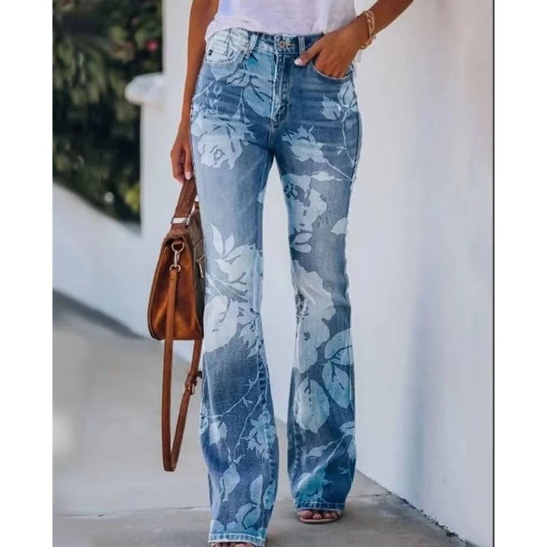 Women's High-Waisted Floral Flare Bell Bottom Jeans with Botanical Print - Image 2