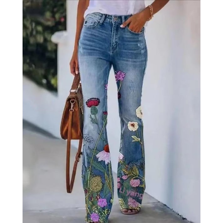 Women's High-Waisted Floral Flare Bell Bottom Jeans with Botanical Print - Image 3
