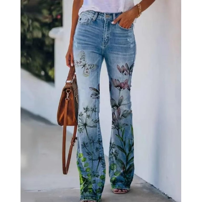 Women's High-Waisted Floral Flare Bell Bottom Jeans with Botanical Print - Image 4