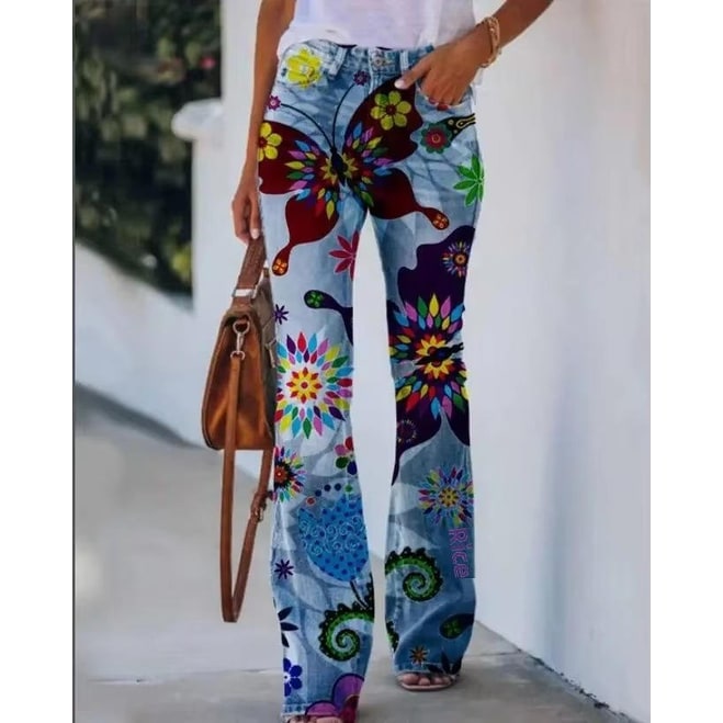 Women's High-Waisted Floral Flare Bell Bottom Jeans with Botanical Print - Image 5