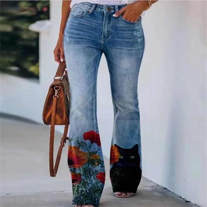 Women's High-Waisted Floral Flare Bell Bottom Jeans with Botanical Print - Image 6
