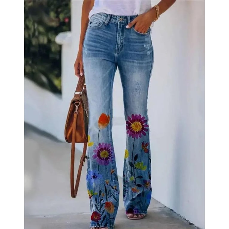 Women's High-Waisted Floral Flare Bell Bottom Jeans with Botanical Print - Image 8