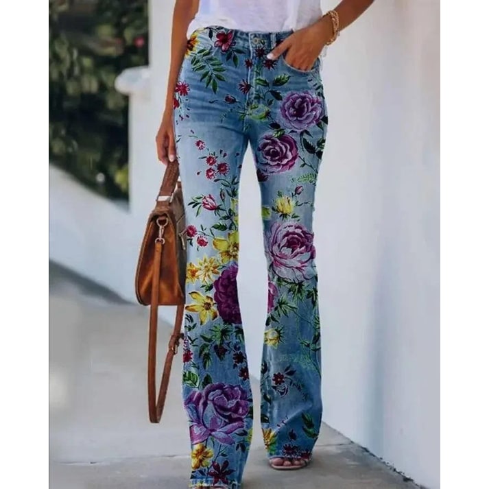 Women's High-Waisted Floral Flare Bell Bottom Jeans with Botanical Print - Image 9