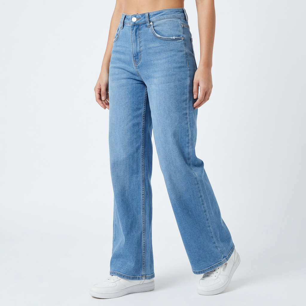 Women's High Waisted Wide Leg Baggy Jeans with Light Wash and Five Pocket - Image 1