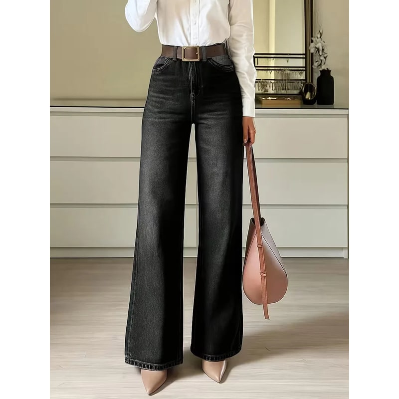 Women's High Waisted Wide Leg Dark Wash Denim Jeans with Five Pocket Styling - Image 1