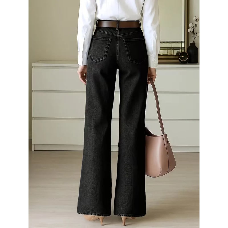 Women's High Waisted Wide Leg Dark Wash Denim Jeans with Five Pocket Styling - Image 3