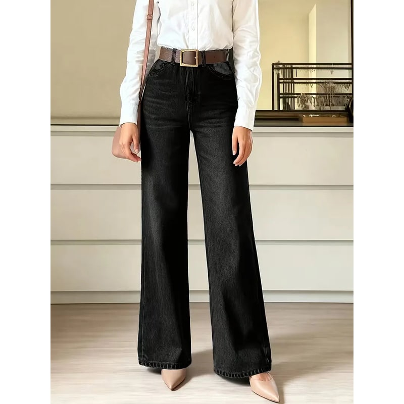 Women's High Waisted Wide Leg Dark Wash Denim Jeans with Five Pocket Styling - Image 4