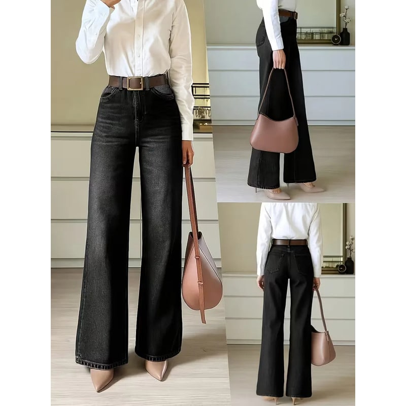 Women's High Waisted Wide Leg Dark Wash Denim Jeans with Five Pocket Styling - Image 5