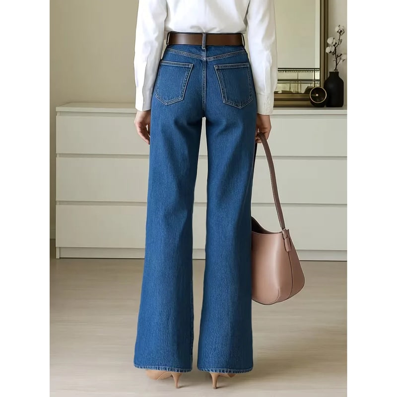 Women's High Waisted Wide Leg Dark Wash Denim Jeans with Five Pocket Styling - Image 7