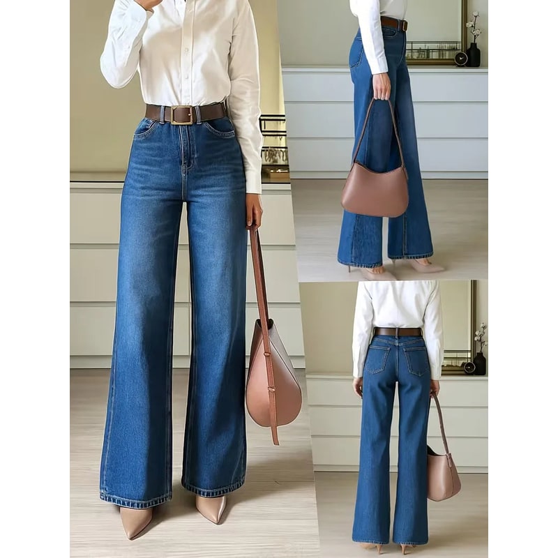 Women's High Waisted Wide Leg Dark Wash Denim Jeans with Five Pocket Styling - Image 9