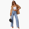 Women's High Waisted Wide Leg Flare Jeans with Light Wash and Front Seams - Image 1