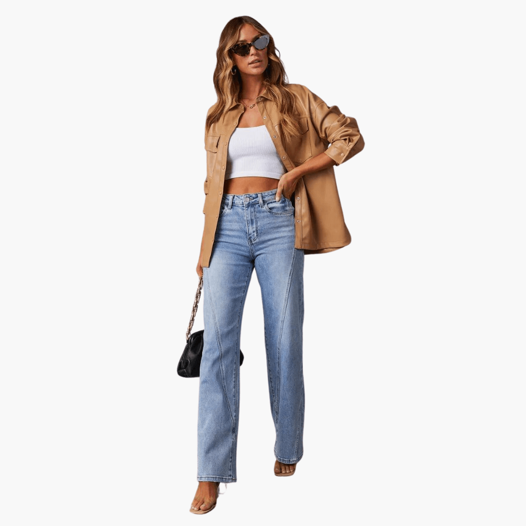 Women's High Waisted Wide Leg Flare Jeans with Light Wash and Front Seams - Image 2