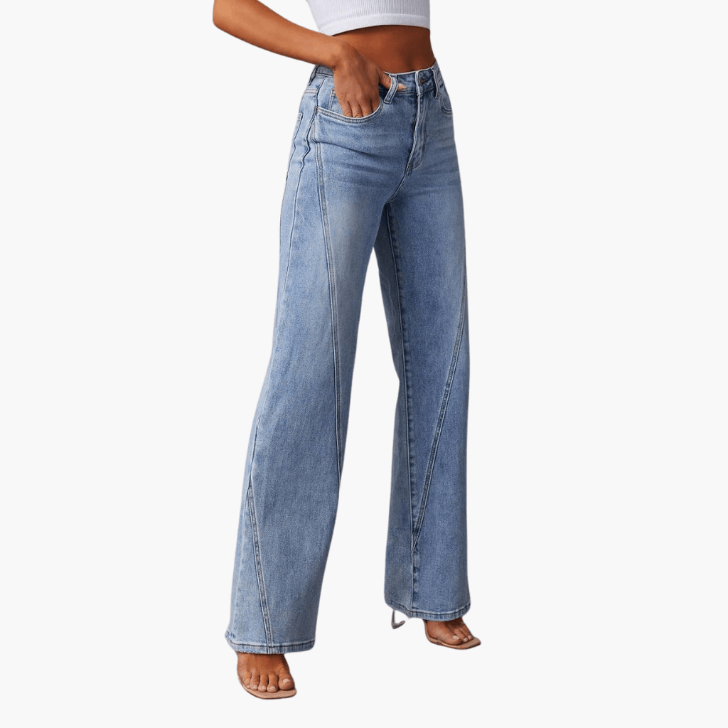 Women's High Waisted Wide Leg Flare Jeans with Light Wash and Front Seams - Image 3