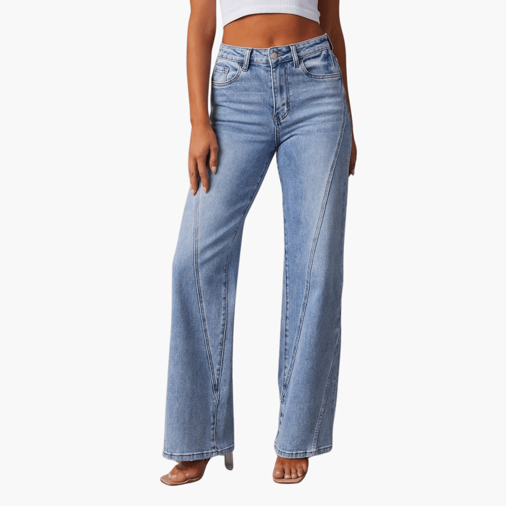 Women's High Waisted Wide Leg Flare Jeans with Light Wash and Front Seams - Image 4