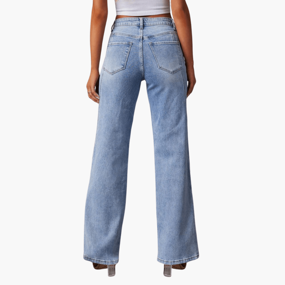 Women's High Waisted Wide Leg Flare Jeans with Light Wash and Front Seams - Image 5