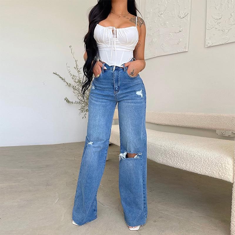 Women's High-Waisted Wide Leg Jeans with Ripped Knees and Raw Hem - Image 1