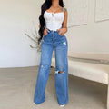 Women's High-Waisted Wide Leg Jeans with Ripped Knees and Raw Hem - Image 1