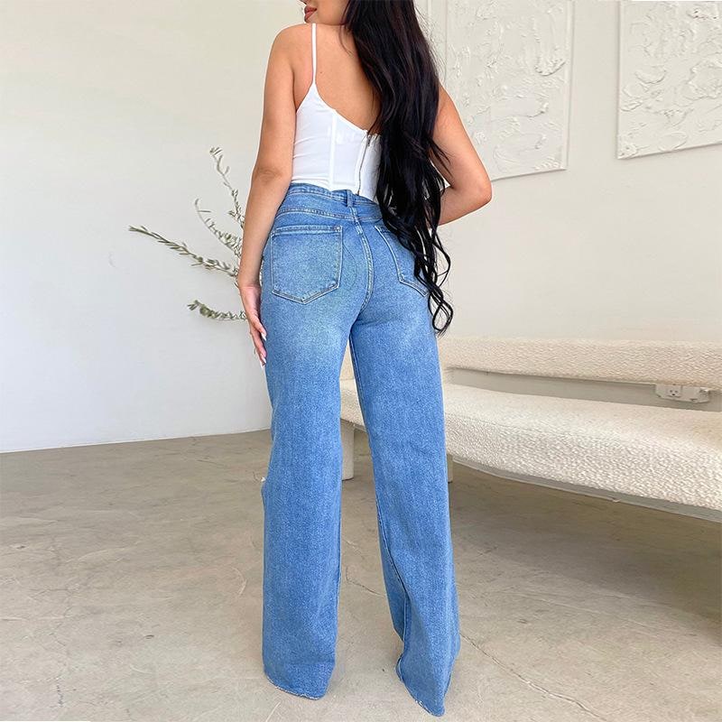 Women's High-Waisted Wide Leg Jeans with Ripped Knees and Raw Hem - Image 2