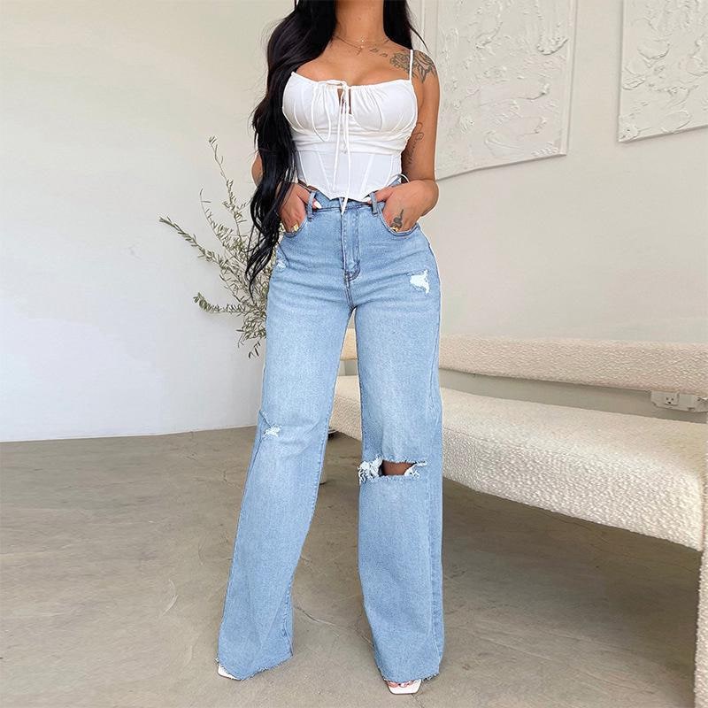 Women's High-Waisted Wide Leg Jeans with Ripped Knees and Raw Hem - Image 3