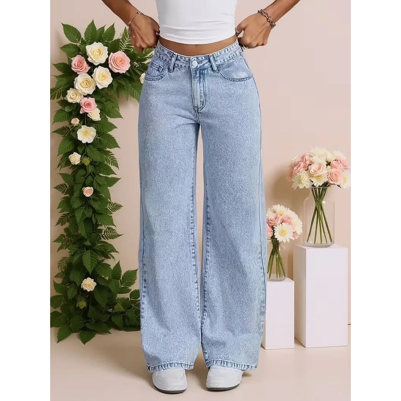 Women's High Waisted Wide Leg Loose Fit Jeans with Rise and Button Fly - Image 1