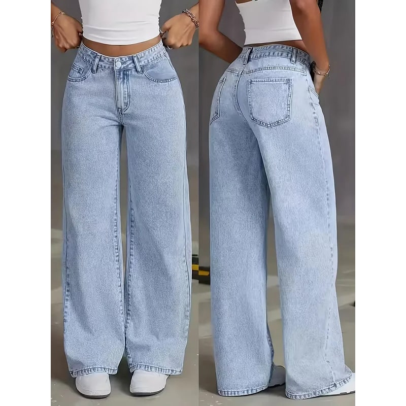 Women's High Waisted Wide Leg Loose Fit Jeans with Rise and Button Fly - Image 2