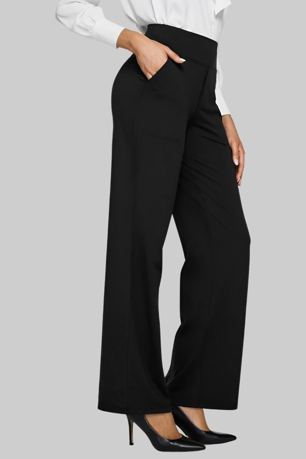 Women's High-Waisted Wide Leg Trouser Pants with Elastic Waist and Side Pockets - Image 11