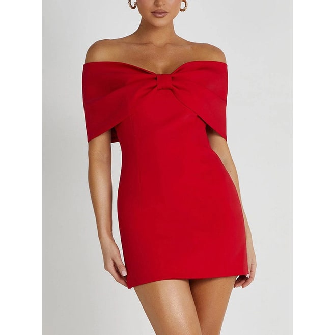 Women's Homecoming Bodycon Mini Dress with Off Shoulder Bardot Neckline and Oversized Bow - Image 1