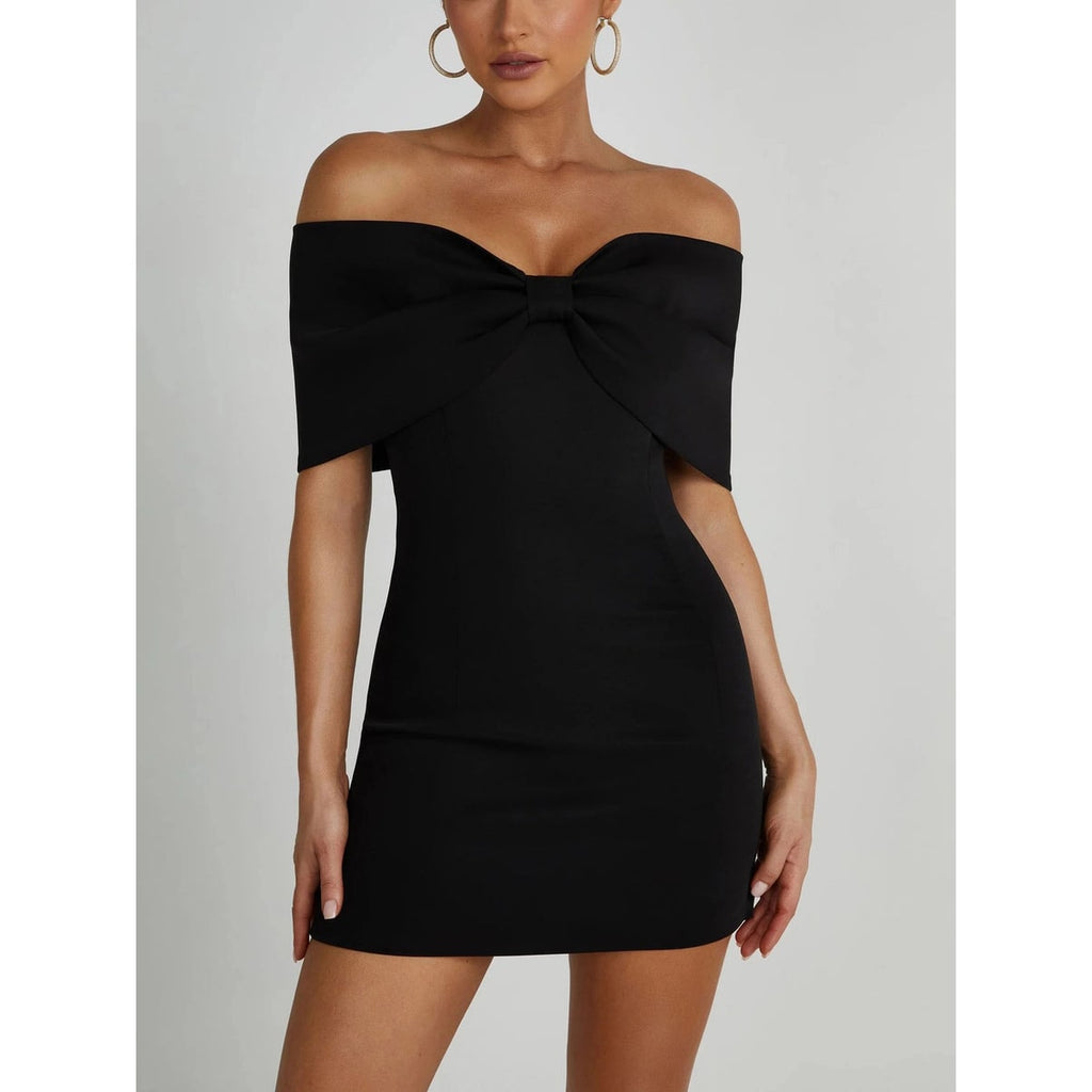 Women's Homecoming Bodycon Mini Dress with Off Shoulder Bardot Neckline and Oversized Bow - Image 3