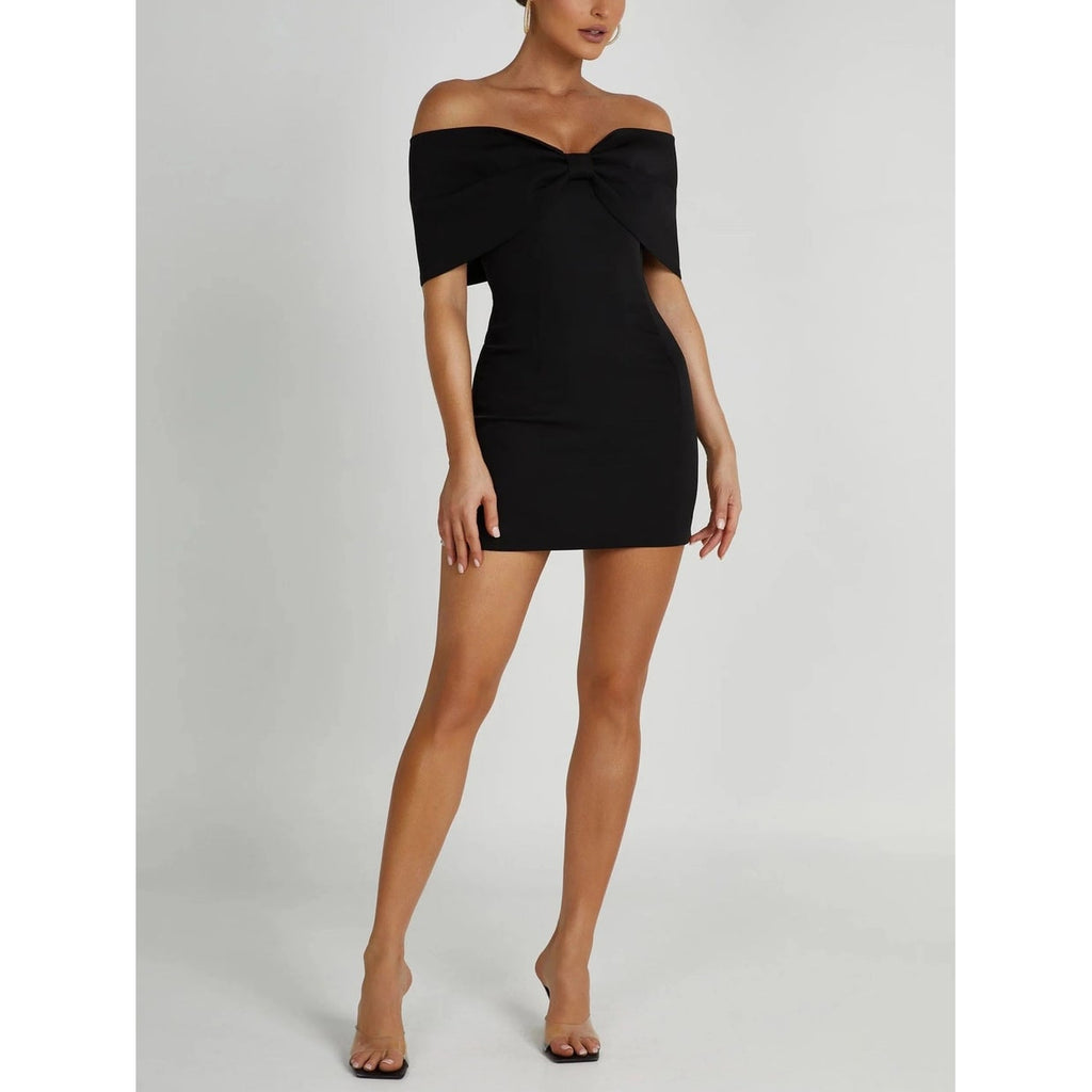 Women's Homecoming Bodycon Mini Dress with Off Shoulder Bardot Neckline and Oversized Bow - Image 4