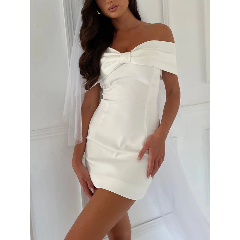 Women's Homecoming Bodycon Mini Dress with Off Shoulder Bardot Neckline and Oversized Bow - Image 5