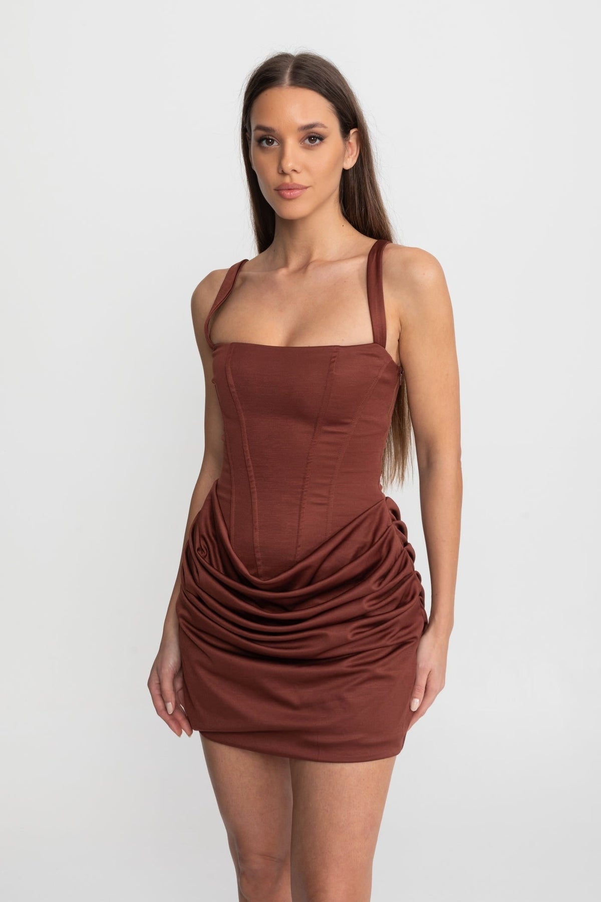 Women's Homecoming Corset Mini Dress with Square Neck Ruched Skirt and Waist Cincher - Image 4