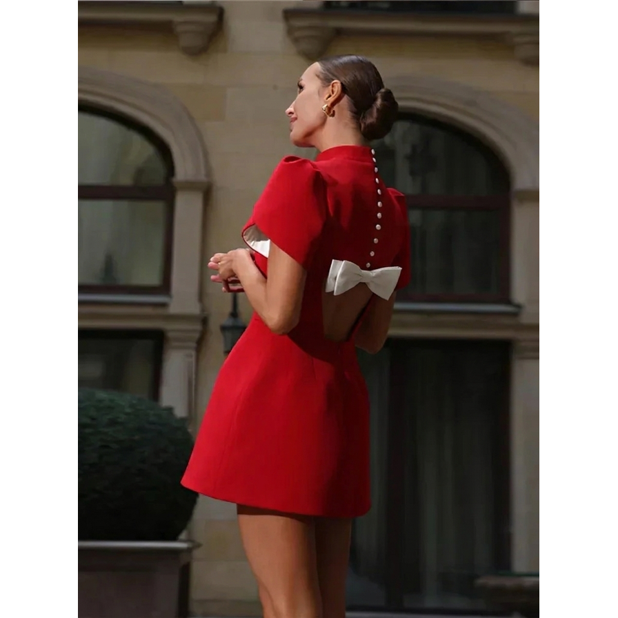 Women's Homecoming Dress Backless Mini with High Neck and Open Back Bow - Image 4
