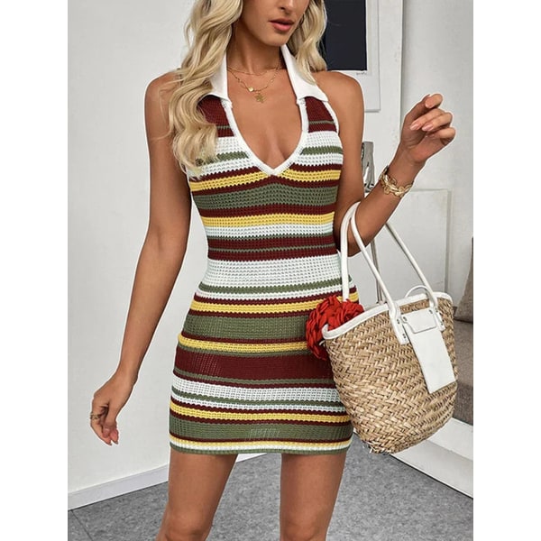 Women's Homecoming Dress Knit Mini Halter Neck with Striped Collar and Open Back - Image 1